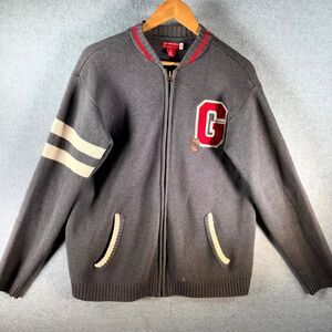 VTG Guess Letterman Cardigan Sweater L Gray Long Sleeve Full Zip Pocket Knitted‎